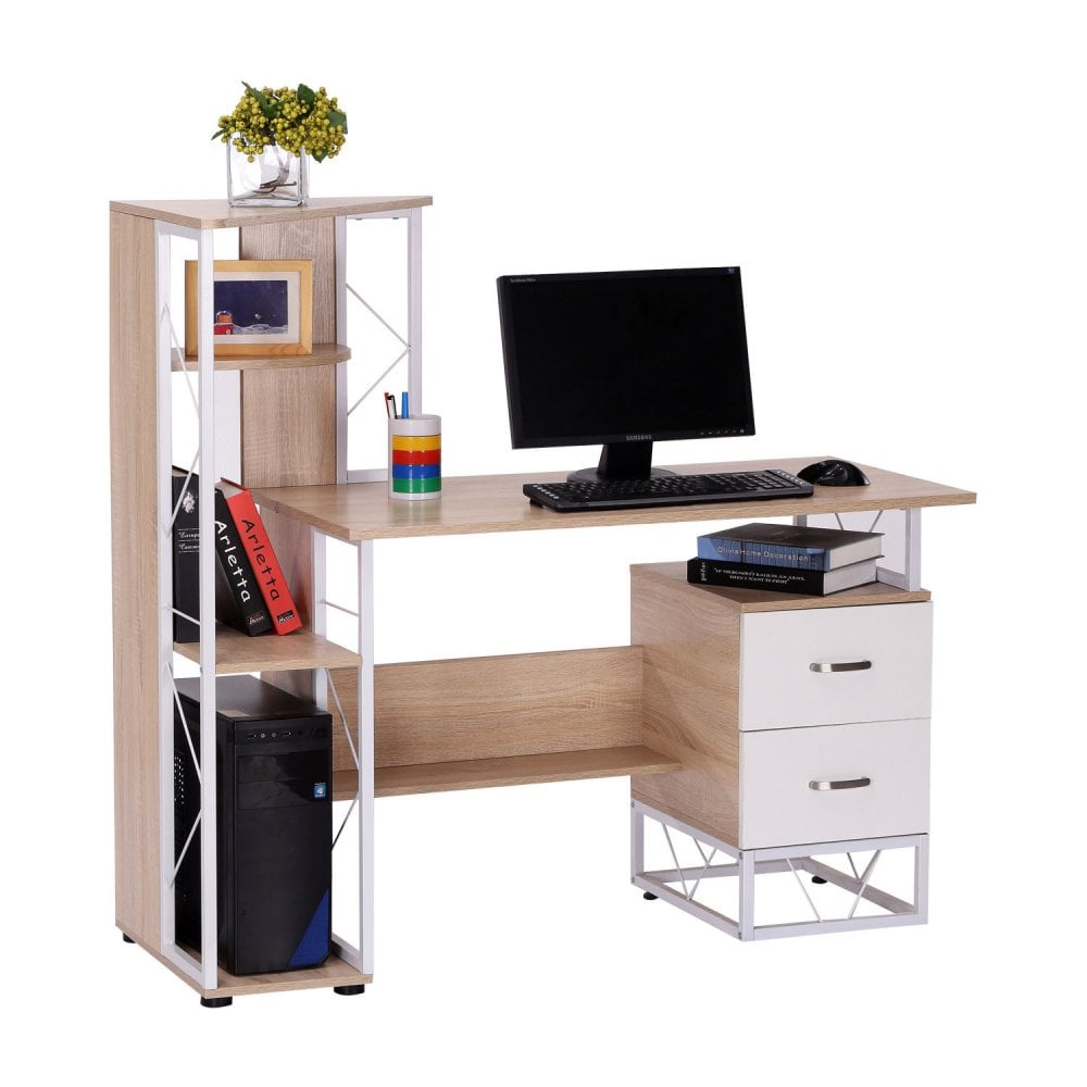 Workstation Computer Writing Desk W/2 Drawers Multi-Shelves-Oak/White - CARTER  | TJ Hughes White