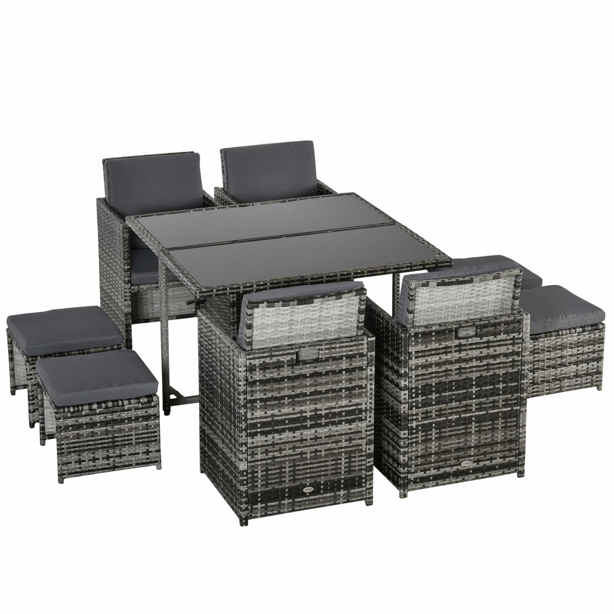 Outsunny 8-Seater Rattan Furniture Set Wicker Weave Patio Dining Table Seat - Grey  | TJ Hughes
