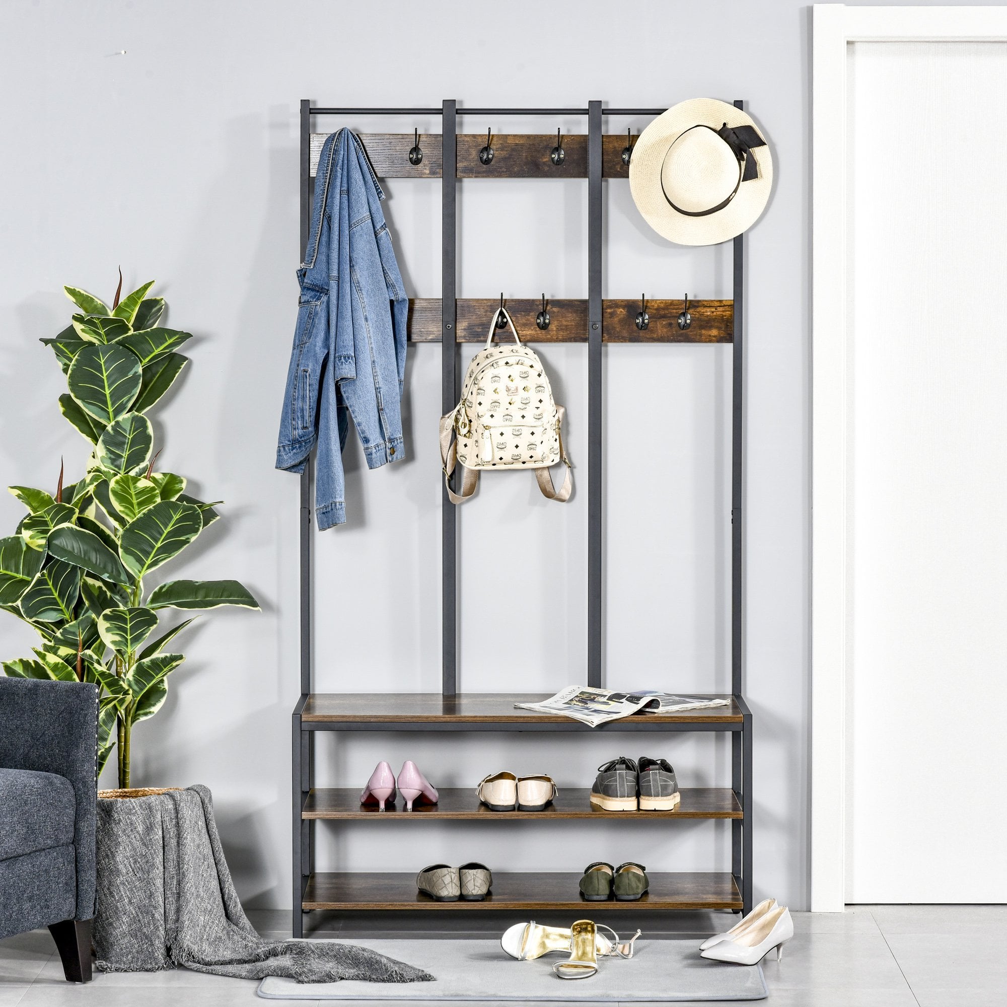 Coat Rack Stand - Free Standing Hall Tree - Coat Stand with Hooks - Bench and Shoe Rack - 100cm x 40cm x 184cm - Industrial Style - Rustic Brown and B