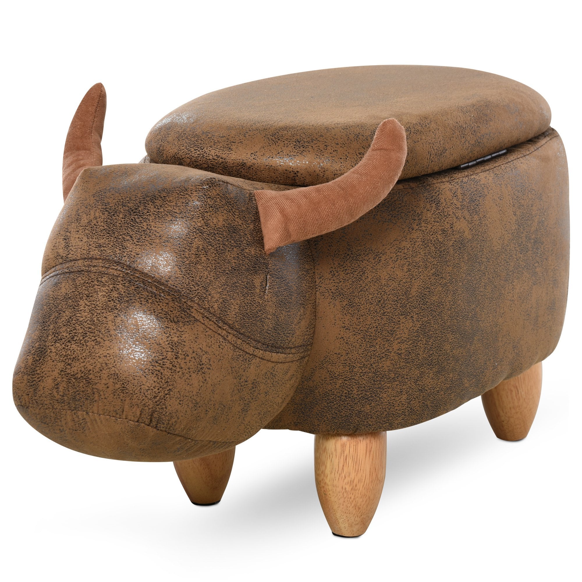 PU Leather Upholstered Cow Storage Stool Animal footstool Buffalo Cute Kids Decoration Wood Frame Legs w/Padding Lid Ottoman Furniture Brown - Home Li