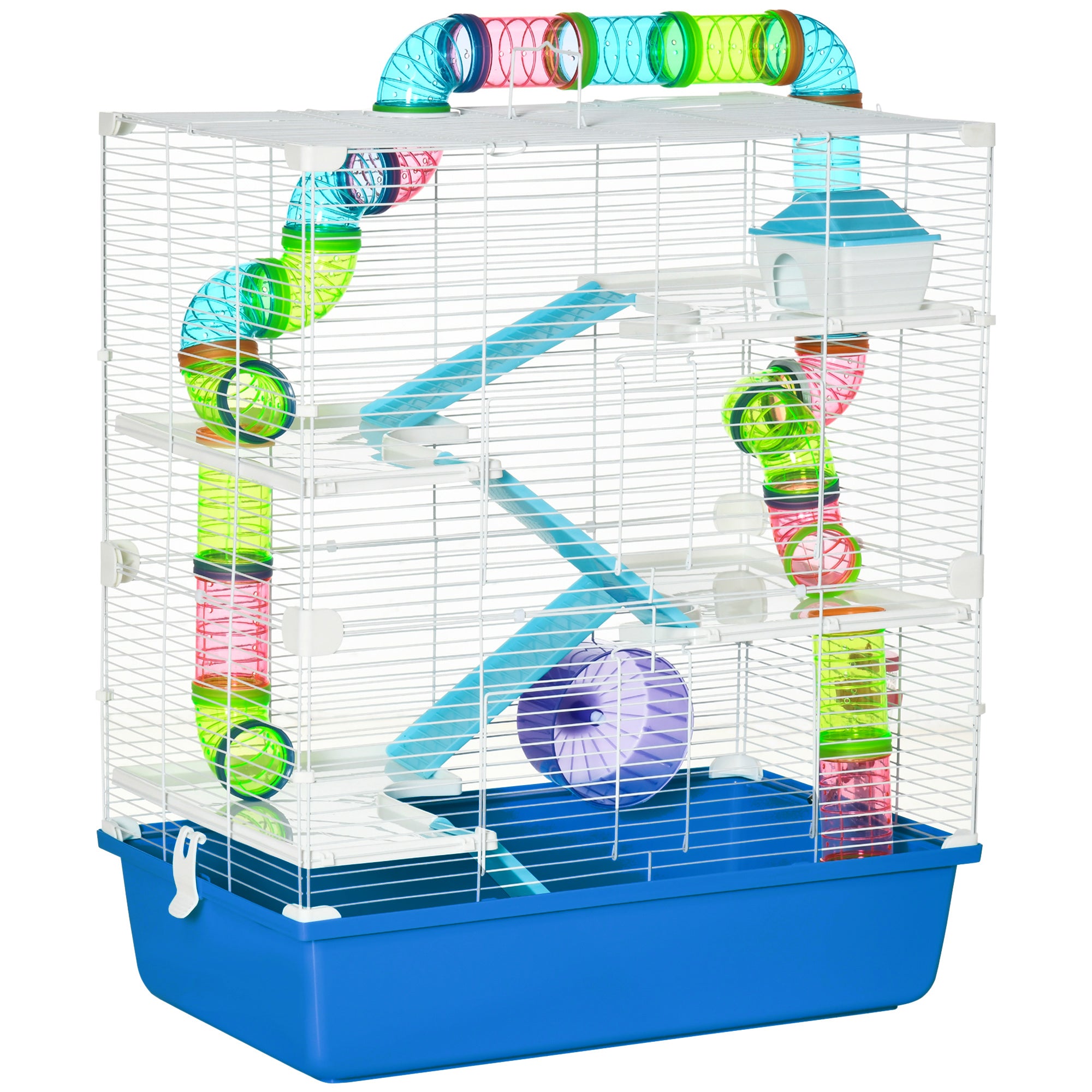 PawHut Hamster Cage w/ Water Bottle - Exercise Wheel - Tubes - Ramps - Blue  | TJ Hughes