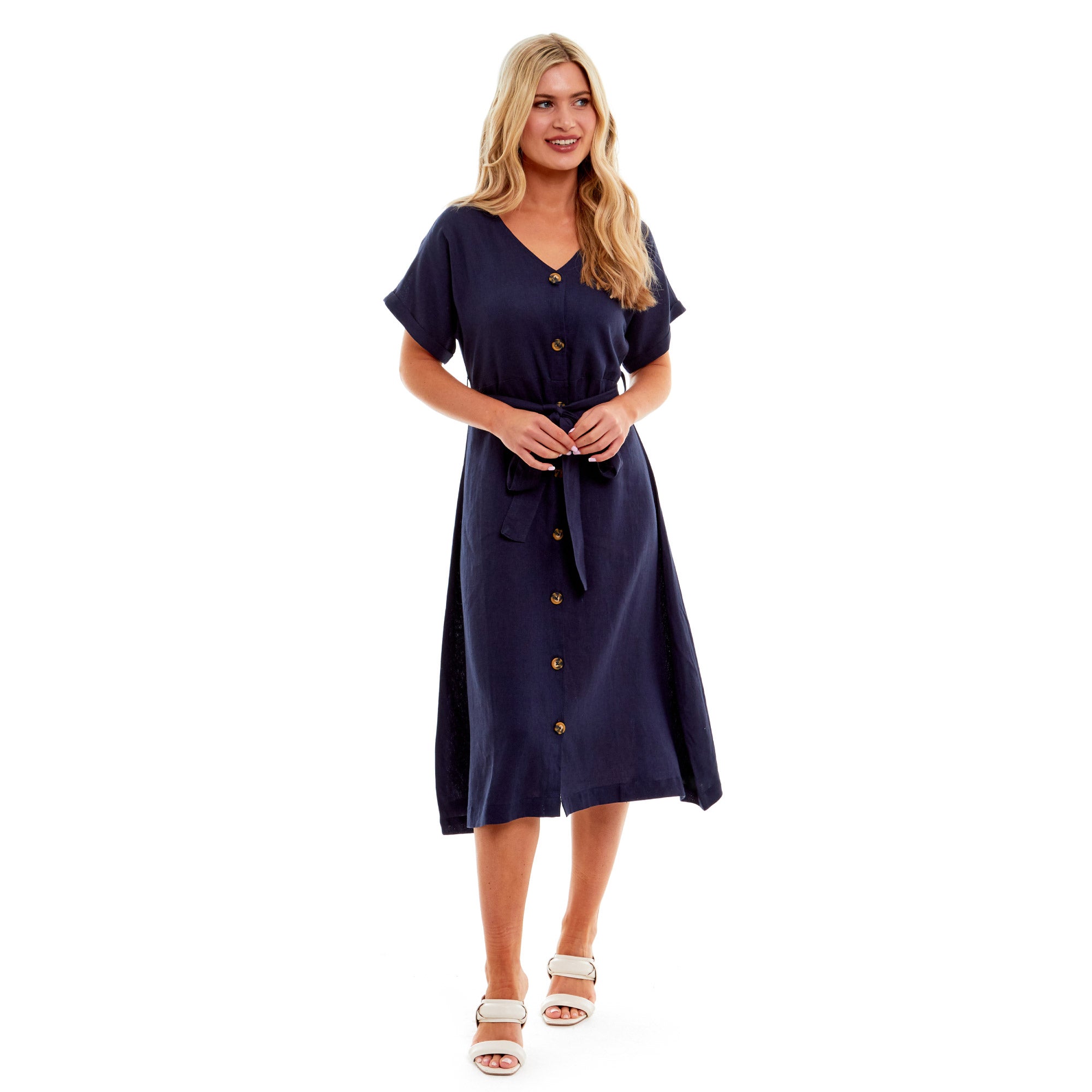 Ladies Linen Button Midi Dress - Navy Blue - 10 - TJ Hughes