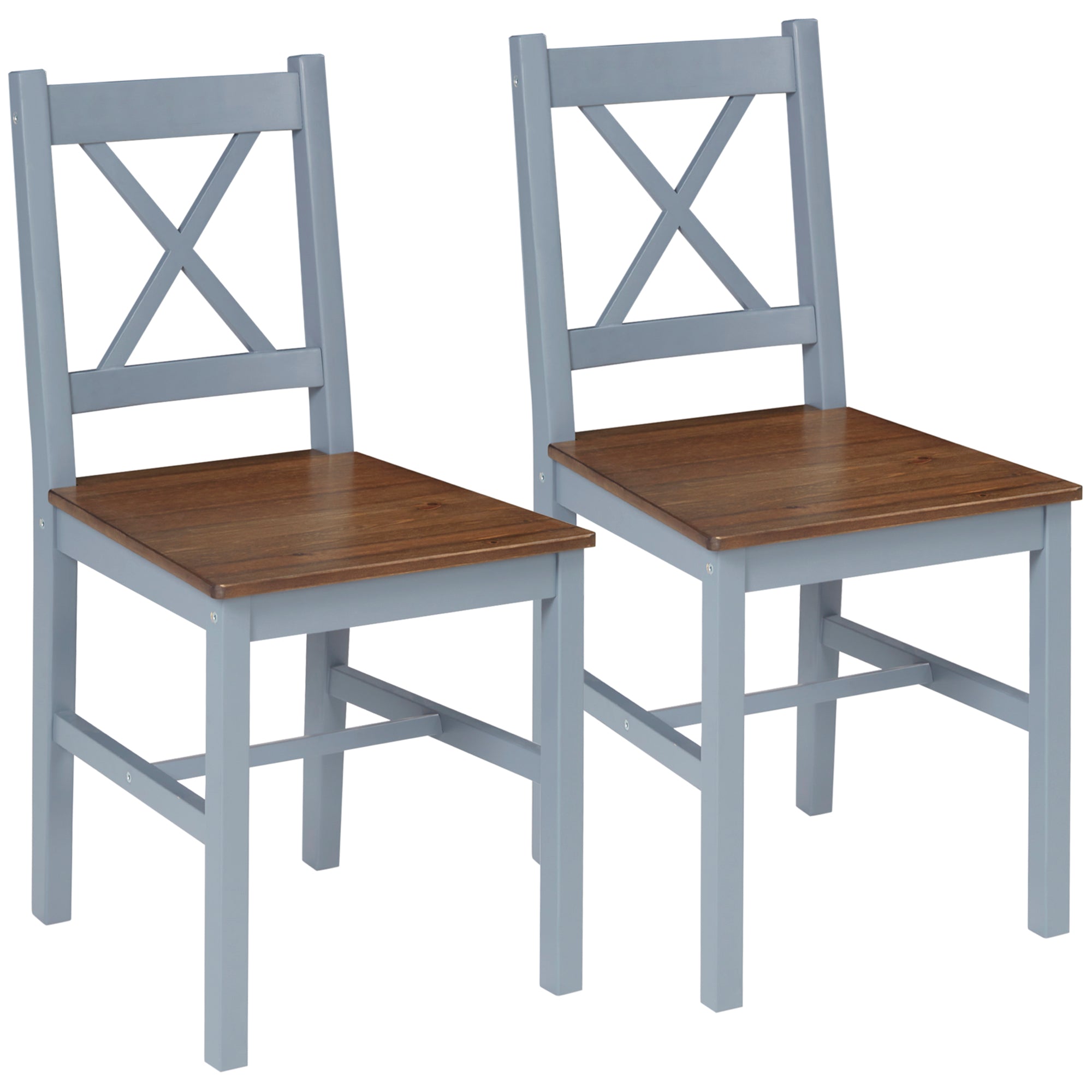 HOMCOM Dining Chairs Set of 2 - Pine Wood Frame - Cross Back for Kitchen Grey  | TJ Hughes