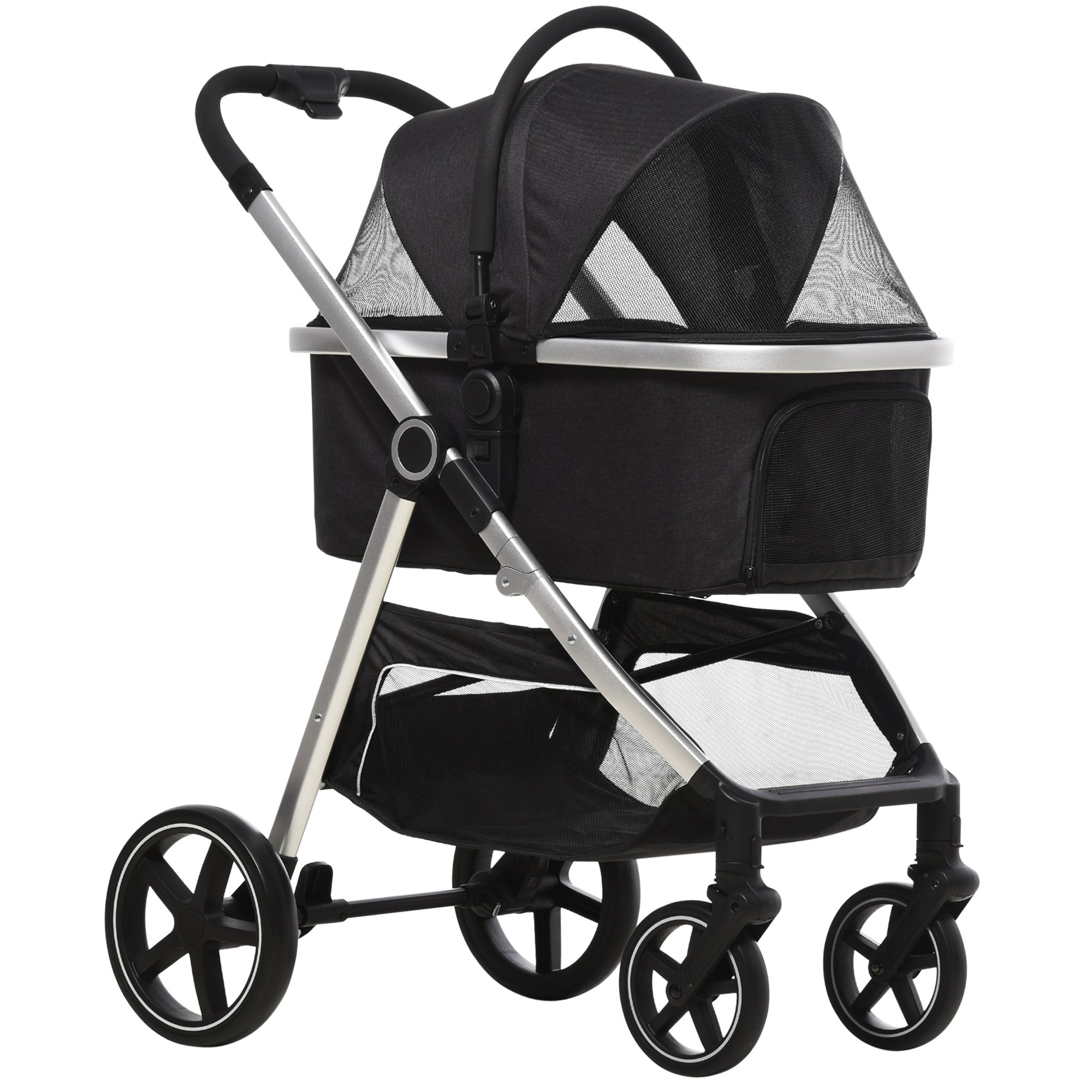 PawHut One-Click Foldable Pet Stroller w/ Storage Basket - for Small Pets - Black  | TJ Hughes