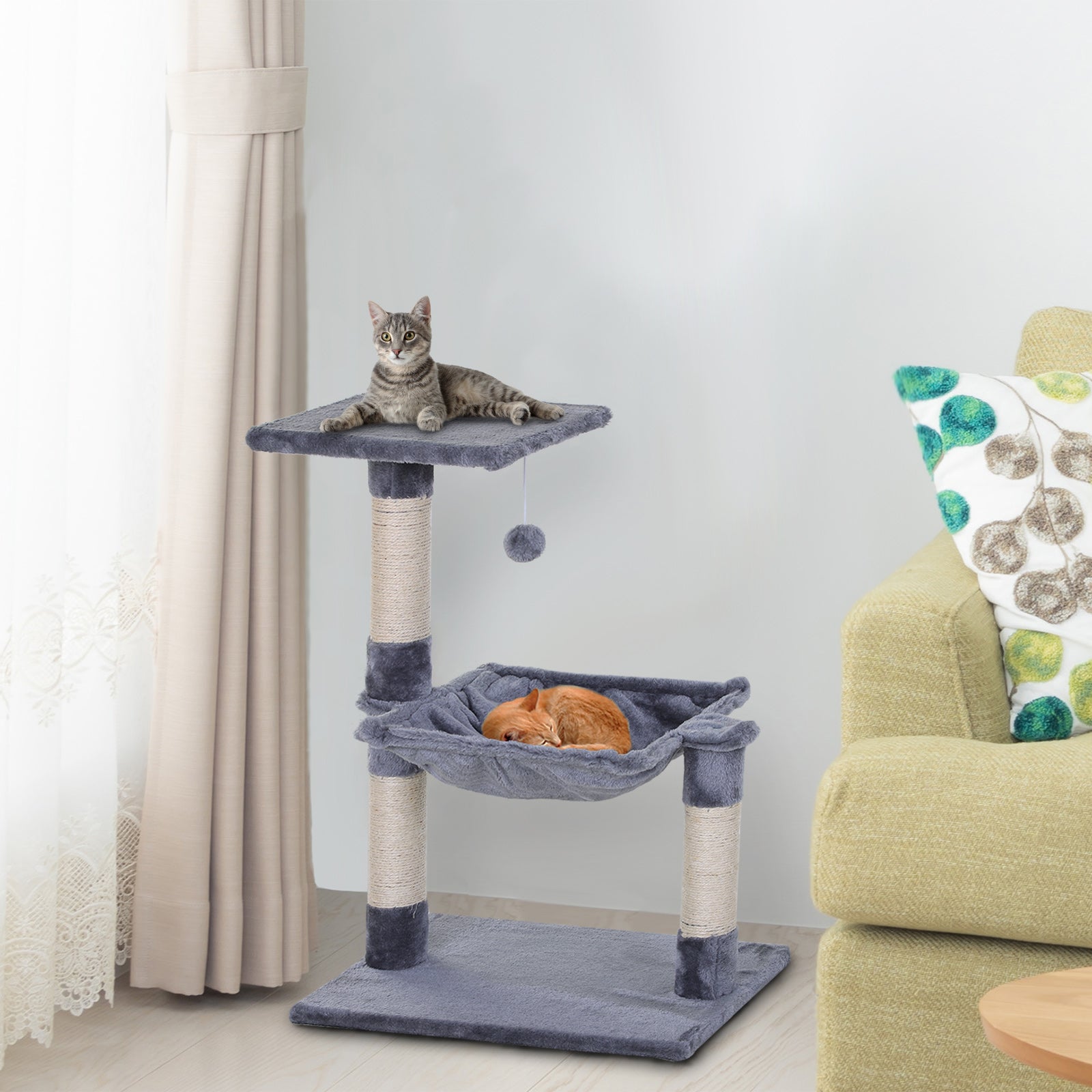 PawHut Cat Activity Tree Kitten Play Tower Palace Two-Tier Scratching Grey  | TJ Hughes