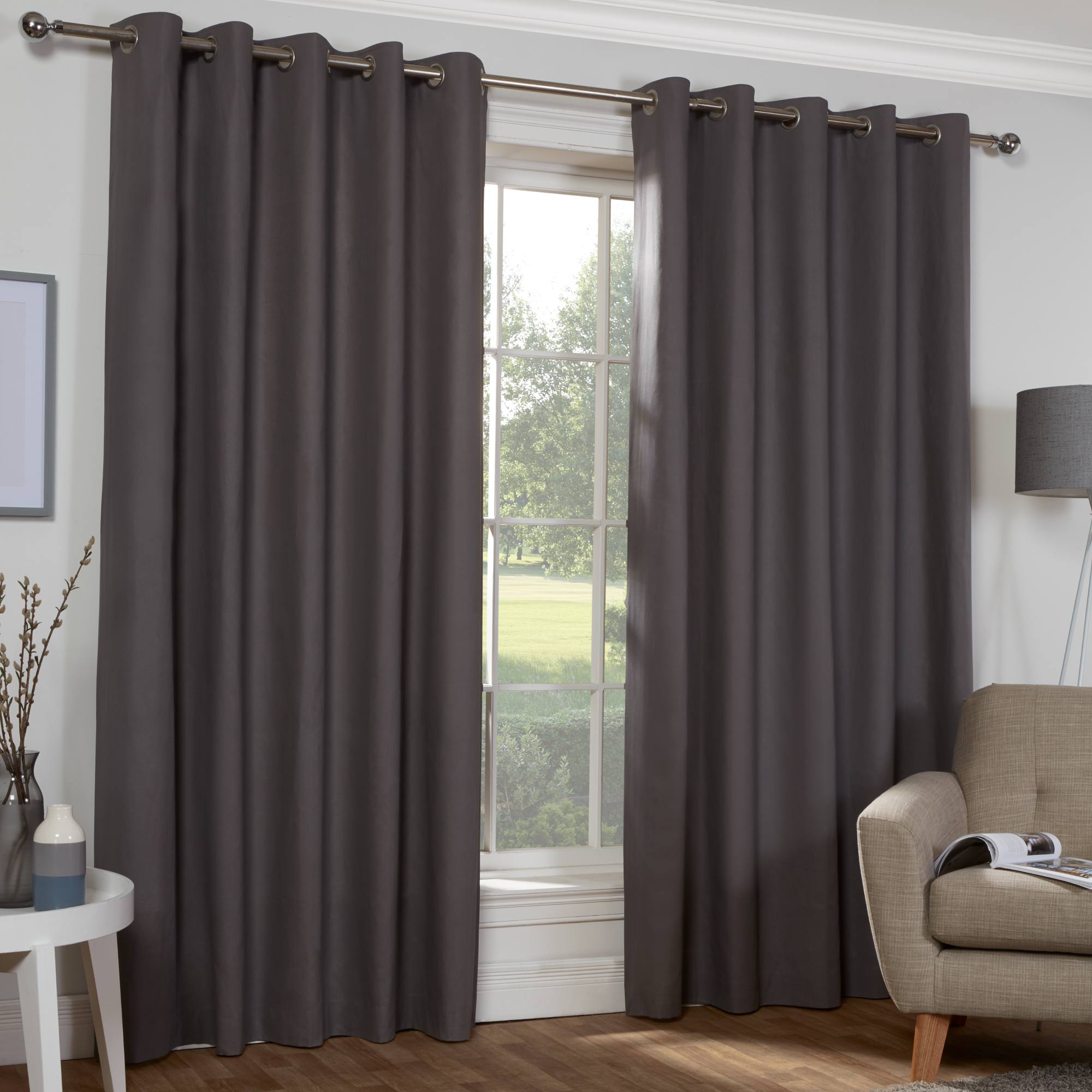 Lewis’s Naples Pure Cotton Eyelet Curtains - Charcoal Grey - 117x183cm (46x72")  | TJ Hughes