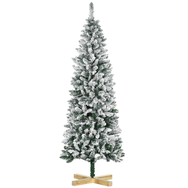 HOMCOM Christmas Tree Snow Flocked Slim 6’ with Pinewood Base  | TJ Hughes