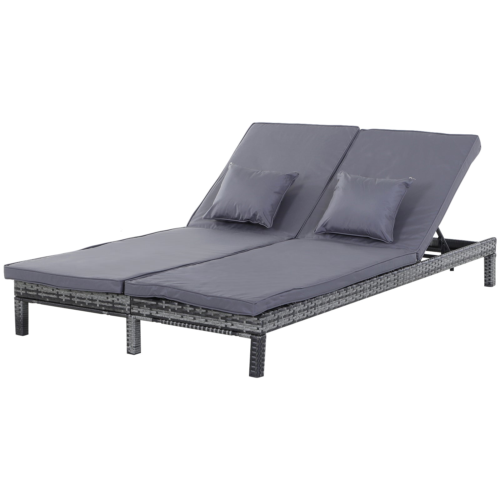 Outsunny 2 Person Rattan Lounger Adjustable Double Chaise Chair w/ Cushion Grey  | TJ Hughes