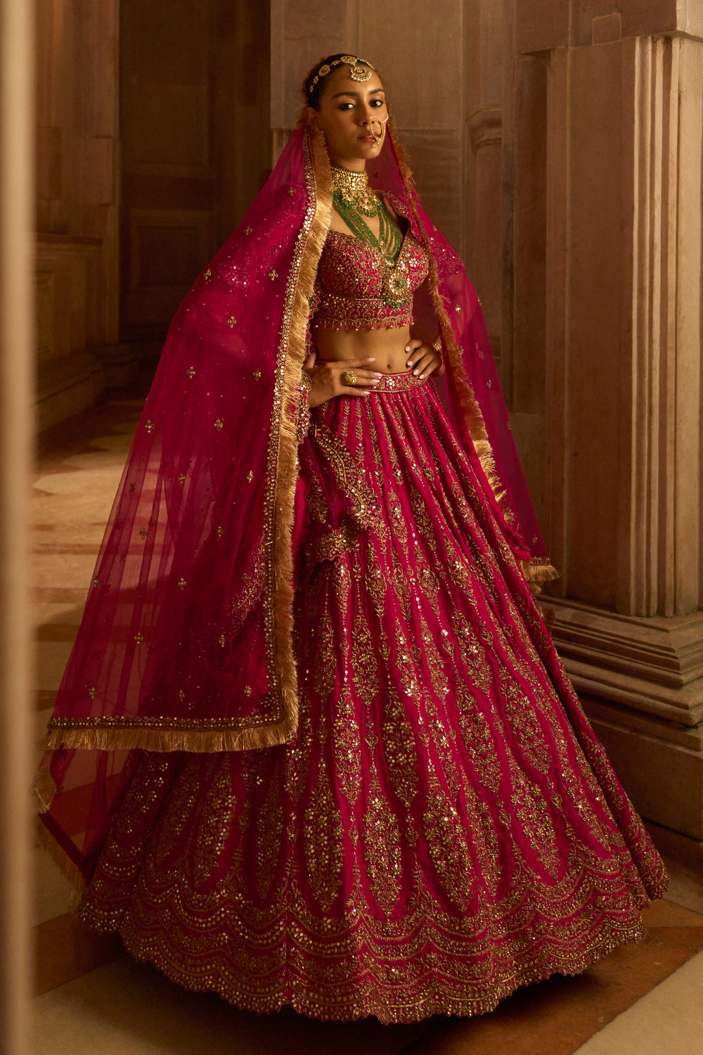 Fuchsia Red Raw Silk Bridal Lehenga Choli with a Tulle Dupatta and ...