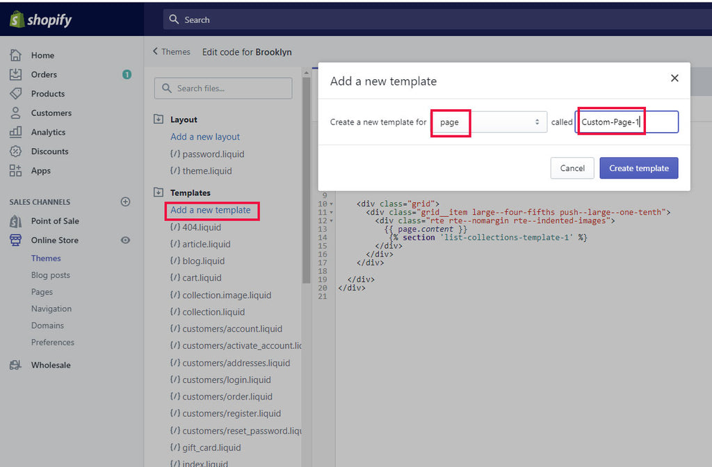 Add New Page Template Shopify