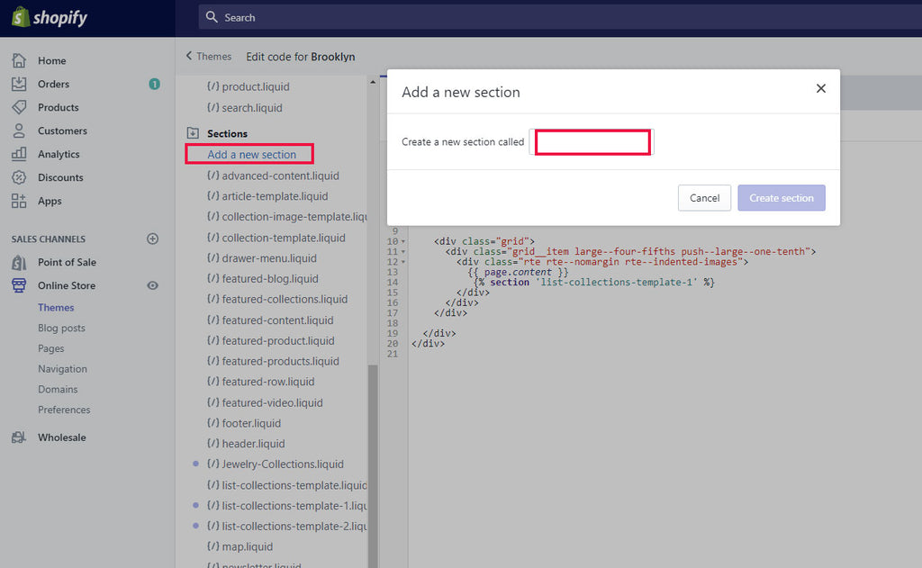 Add a New Section Shopify