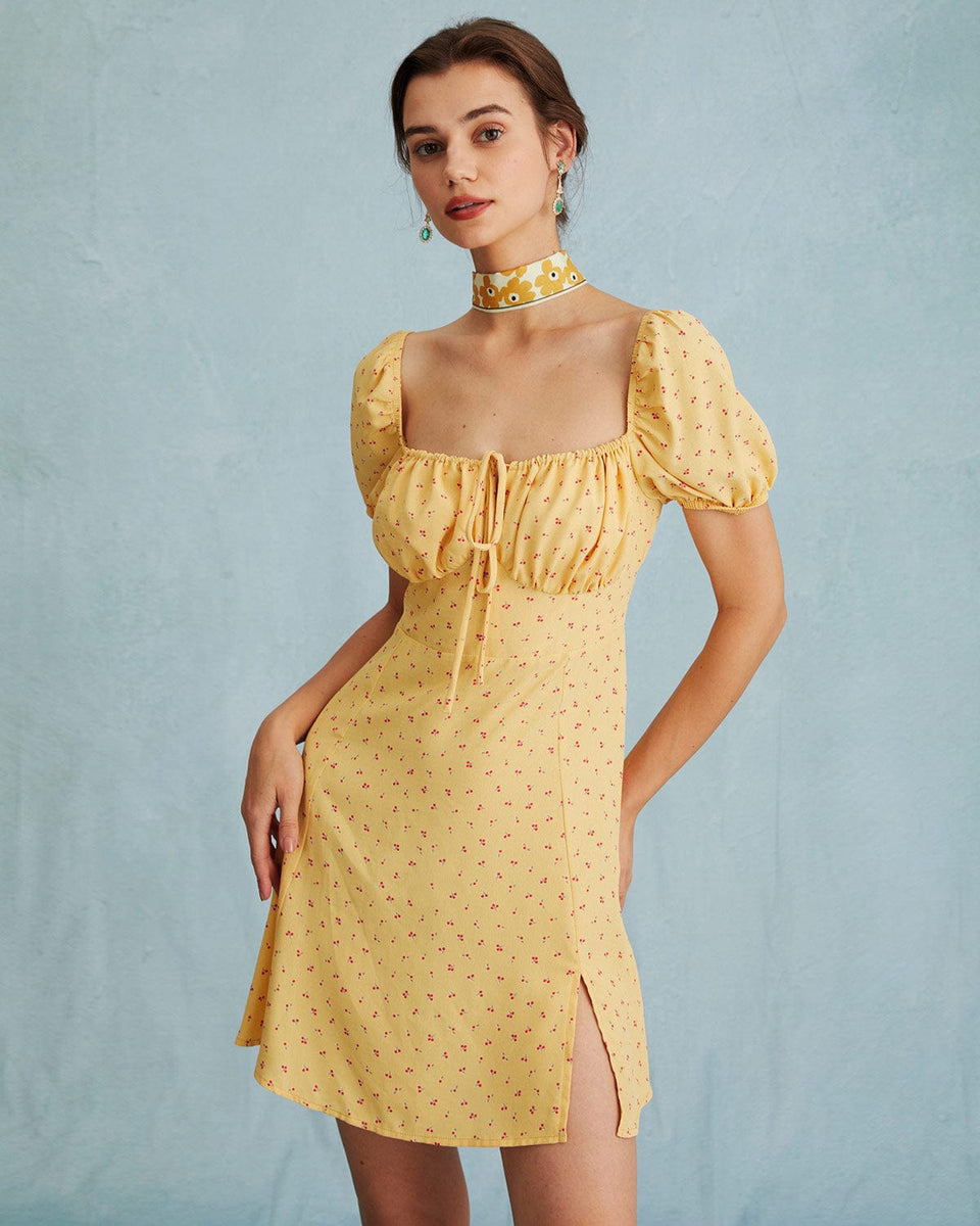 The Yellow Puff Sleeve Floral Ruched Mini Dress & Reviews - Yellow - Dresses | RIHOAS