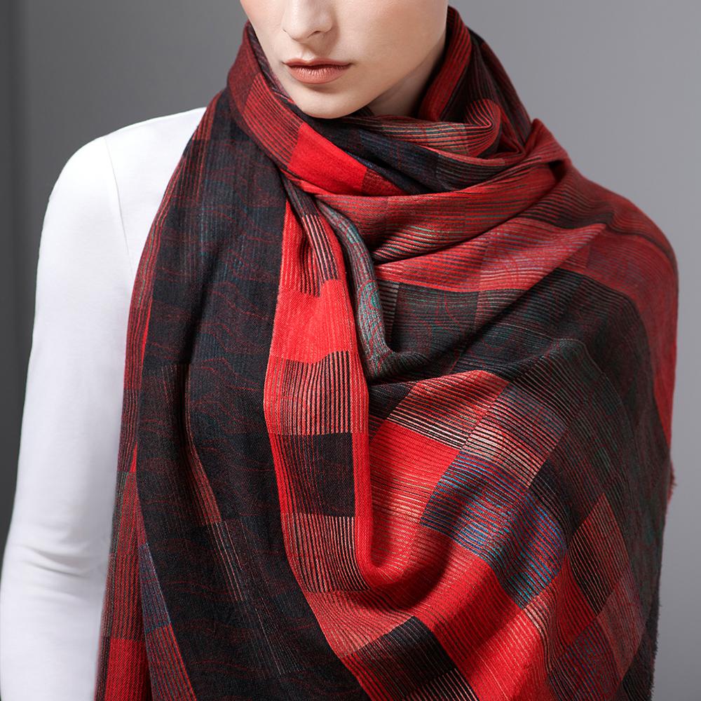 Red London Scarf tied for wear.