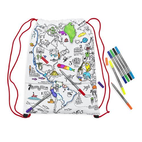 The World Map Backpack displayed along with its included wash-out fabric pens.