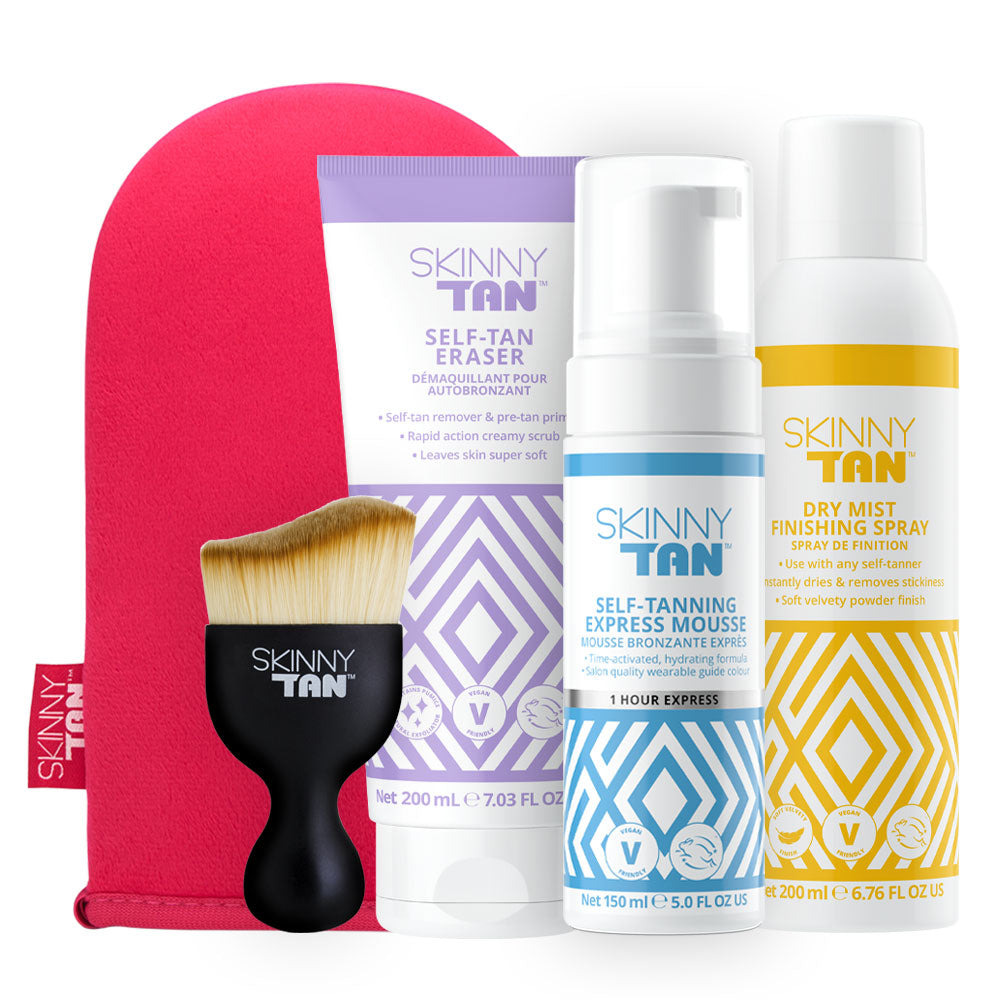 Skinny Tan Bundle 1 Hour Express Tan Bundle Express Self-Tanning Mousse + Self-Tan Eraser + Dry Mist + Tanning Mitt + Face Tanning Brush