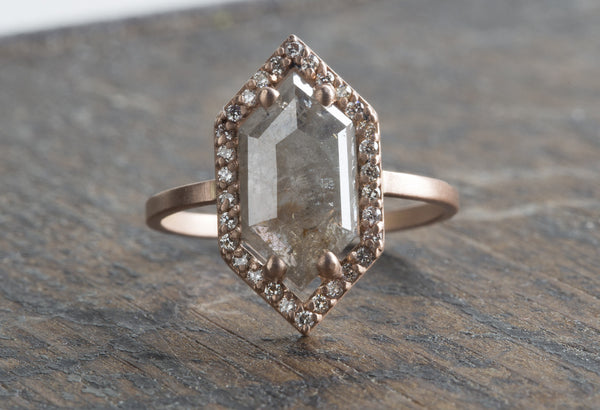 Natural Grey Rose Cut Hexagon Diamond Ring with Pavé Halo  