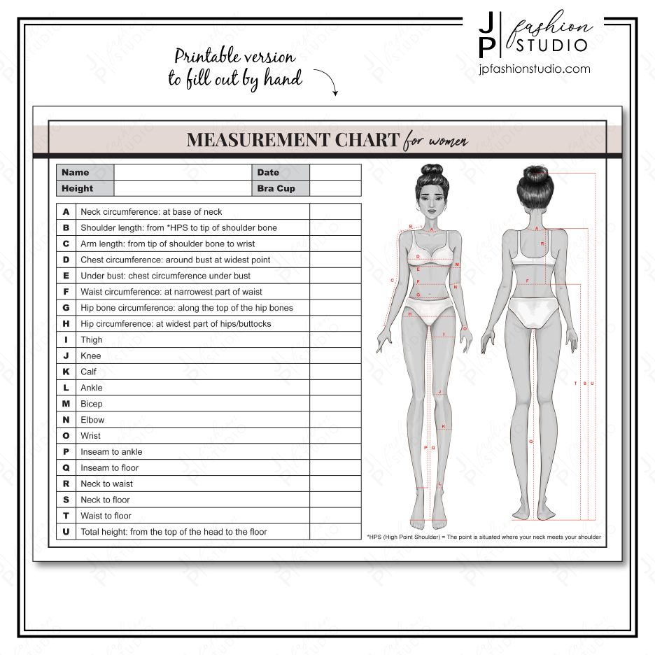 PRINTABLE Women #39 s Body Measurement Sheet / Fashion Designer Template