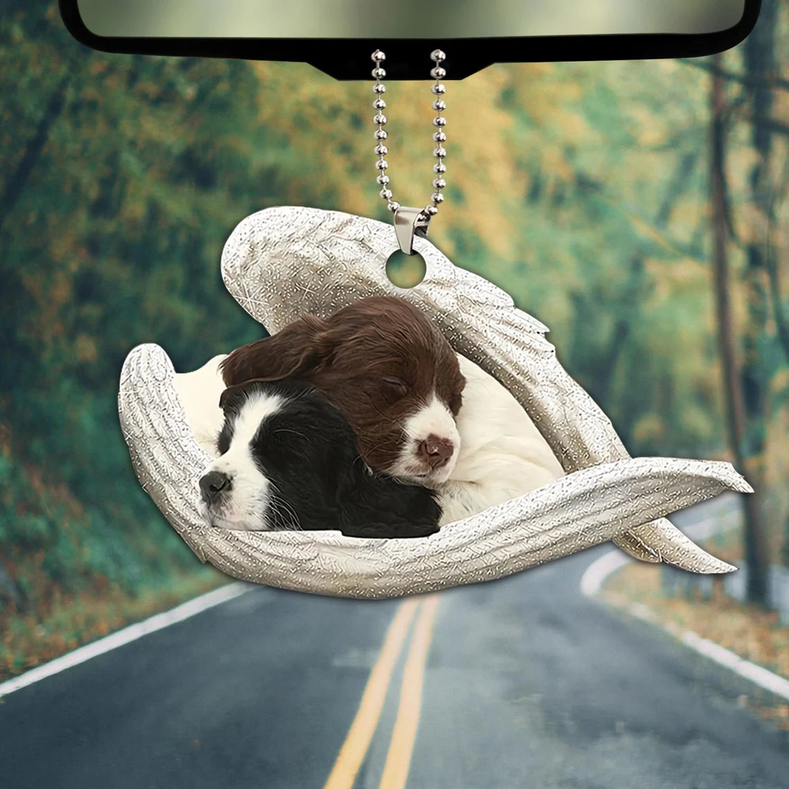 Black And White Liver English Springer Spaniel Sleeping Angel Wing - Memorial Dog Lover Rear View Mirror Car Accessories