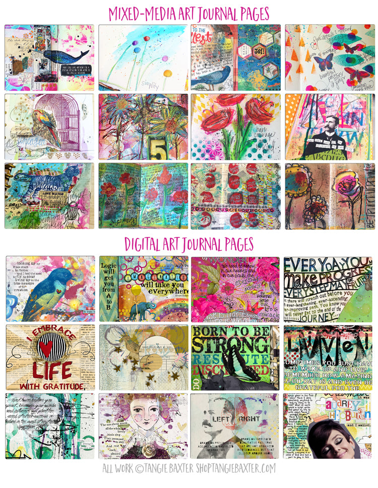 Art Journal pages by Tangie Baxter @ TB&CO. Discover the artist within you-download our FREE beginner's guide to Art Journaling.