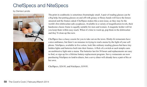 ChefSpecs and NiteSpecs featured in The Cook's Cook Magazine