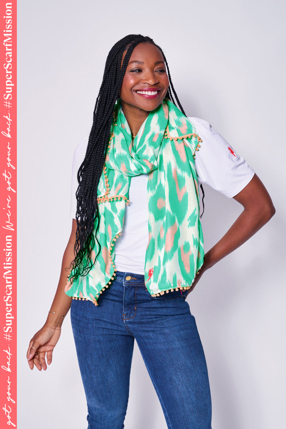 White with Turquoise and Peach Leopard Ikat Charity Super Scarf