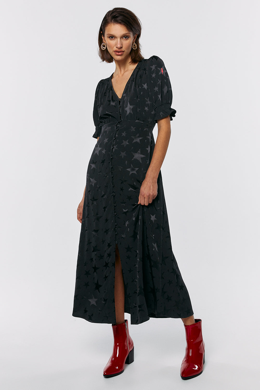 Black Jacquard Star Flute Sleeve Midi Tea Dress