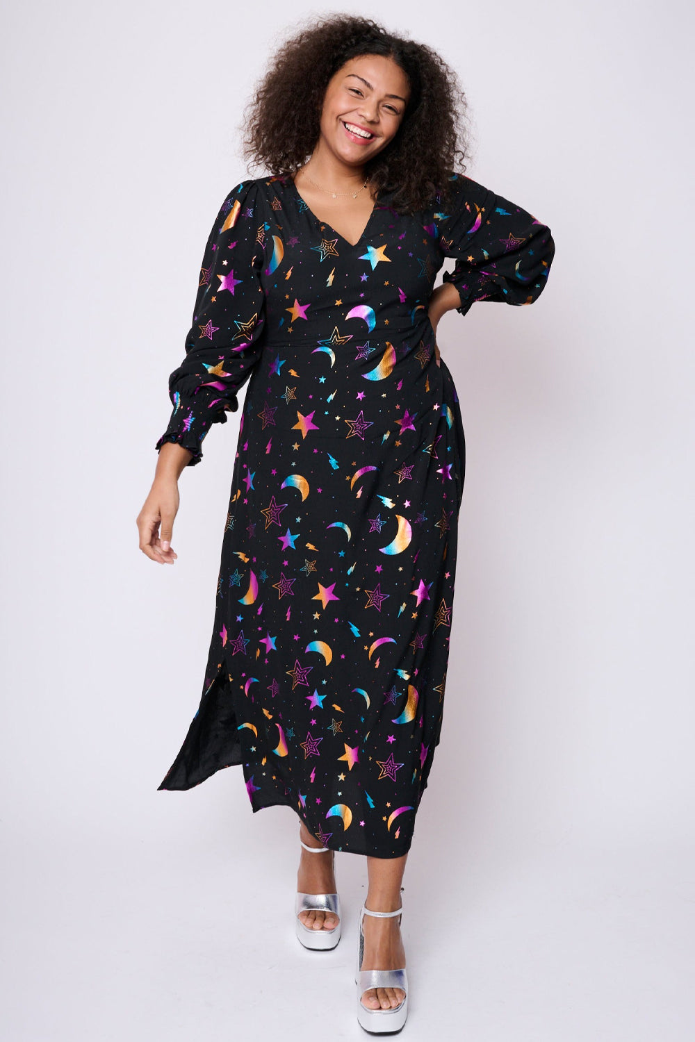 Black with Metallic Rainbow Foil Moon Star Midi Dress