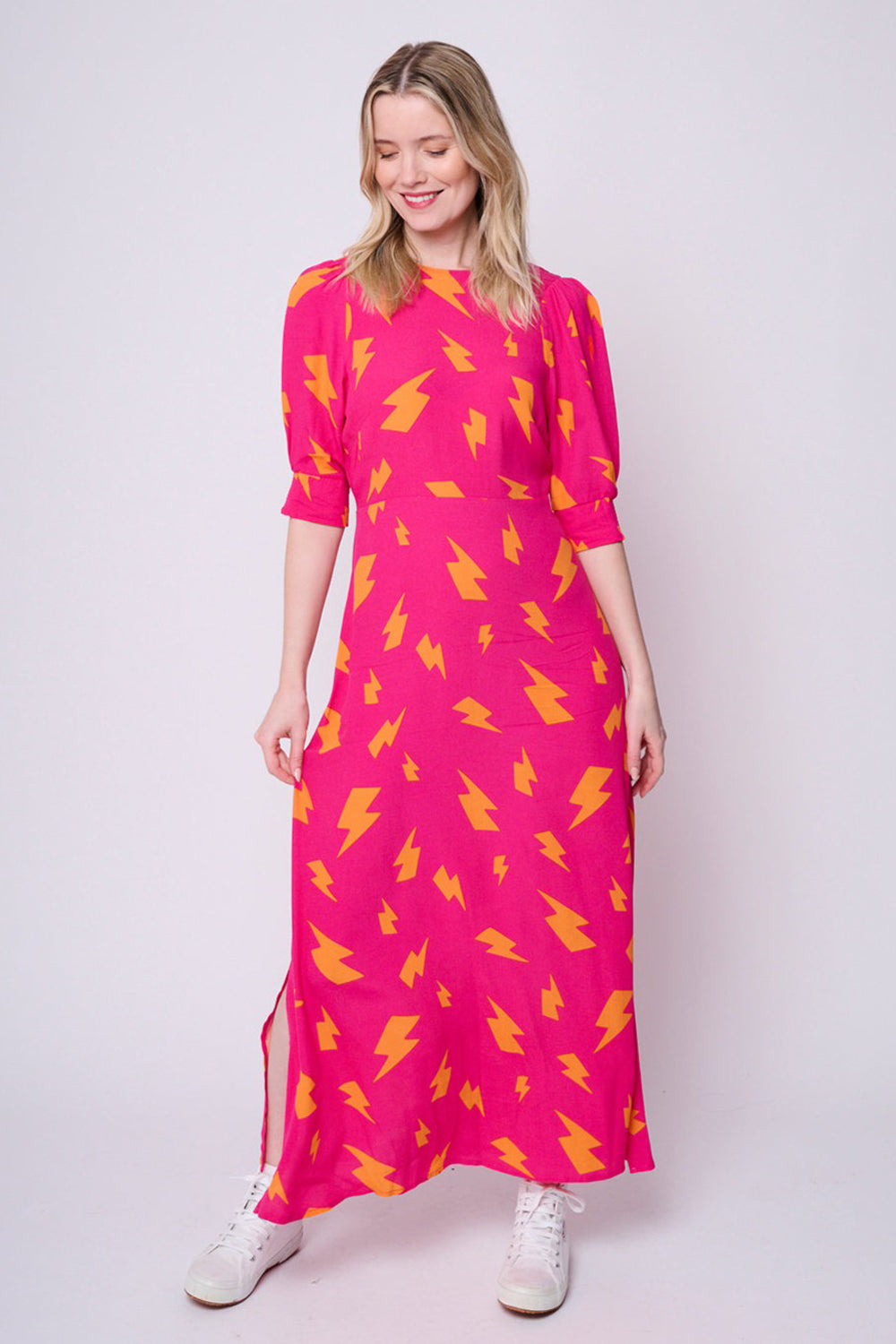 Pink with Orange Lightning Bolt Midi Dress