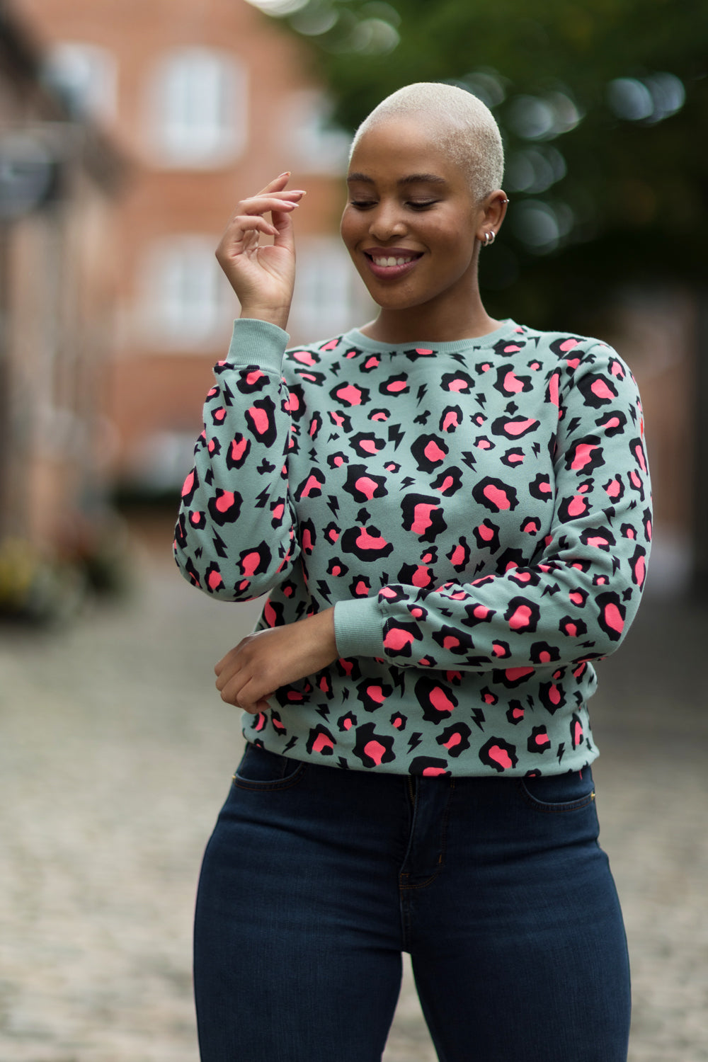 Khaki with Coral Snow Leopard Sweatshirt