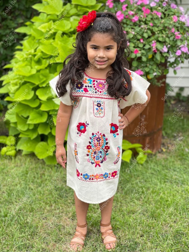 Girls Mexican Embroidered Dress. Vestido Tehuacan Fino Niña – Solei Store