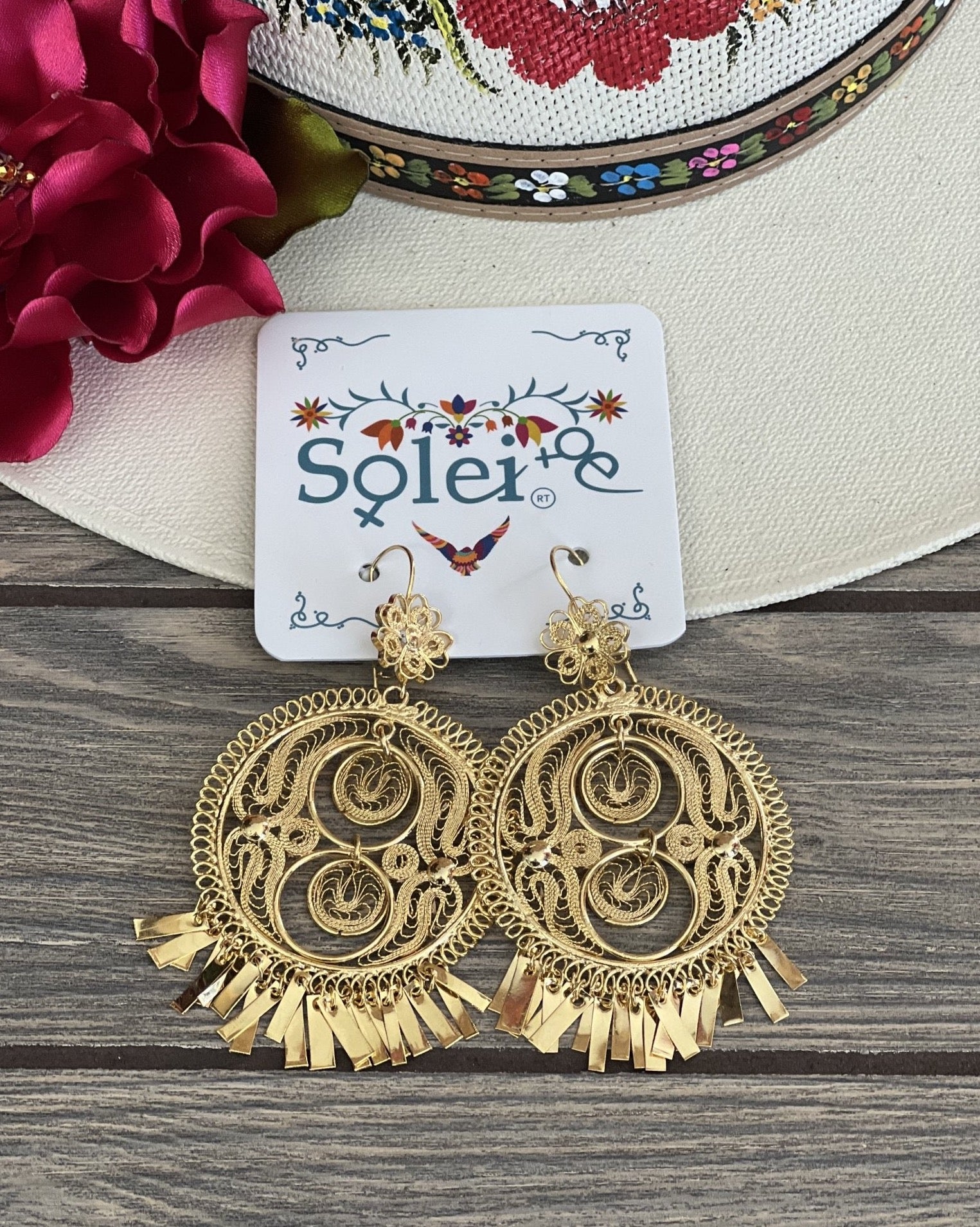 Folklorico Dance Mexican Gold Filigree Earrings Full Flower 