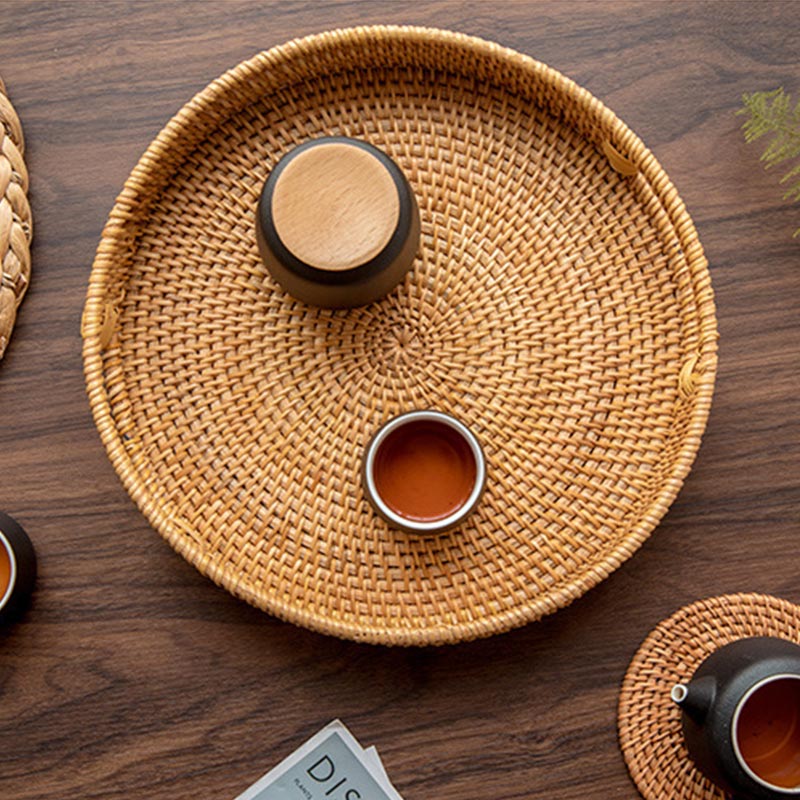 Creative Hand Woven Rattan Round Food Tray Organizer
