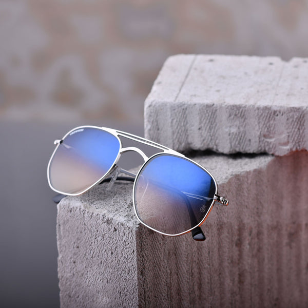 blue and silver aviator style sunglasses