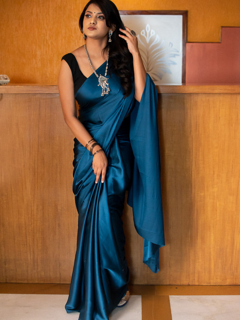 Plain Fancy Satin Silk Saree-Blue – farewell party saree look