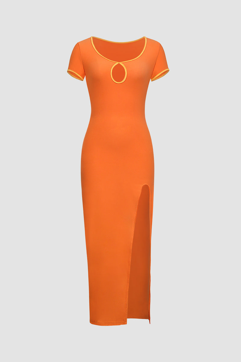Short Sleeve Cutout Slit Midi Dress