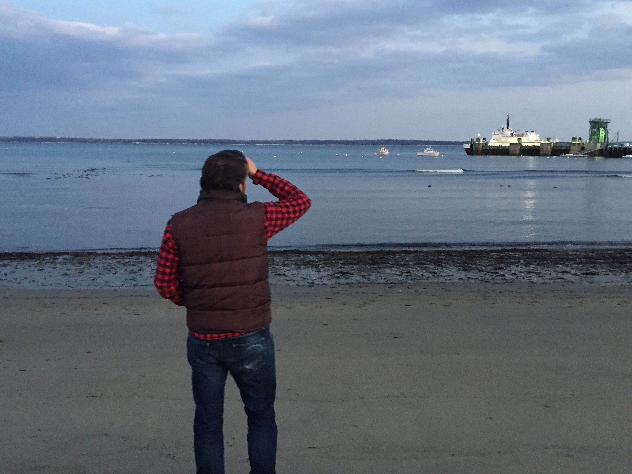 man looking at ferry boat