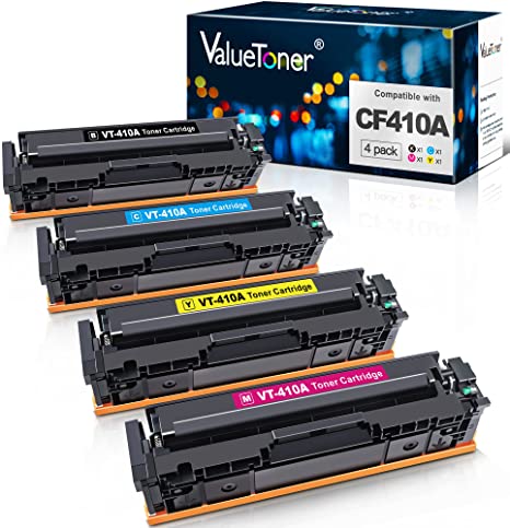 4-Pack Valuetoner Compatible Toner Cartridge Replacement for HP 410A CF410A CF411A CF412A CF413A to use with Color Laserjet Pro MFP-M477fdw-M477fdn M477fnw-M452dn-M452nw M452dw M477 M452 Printer