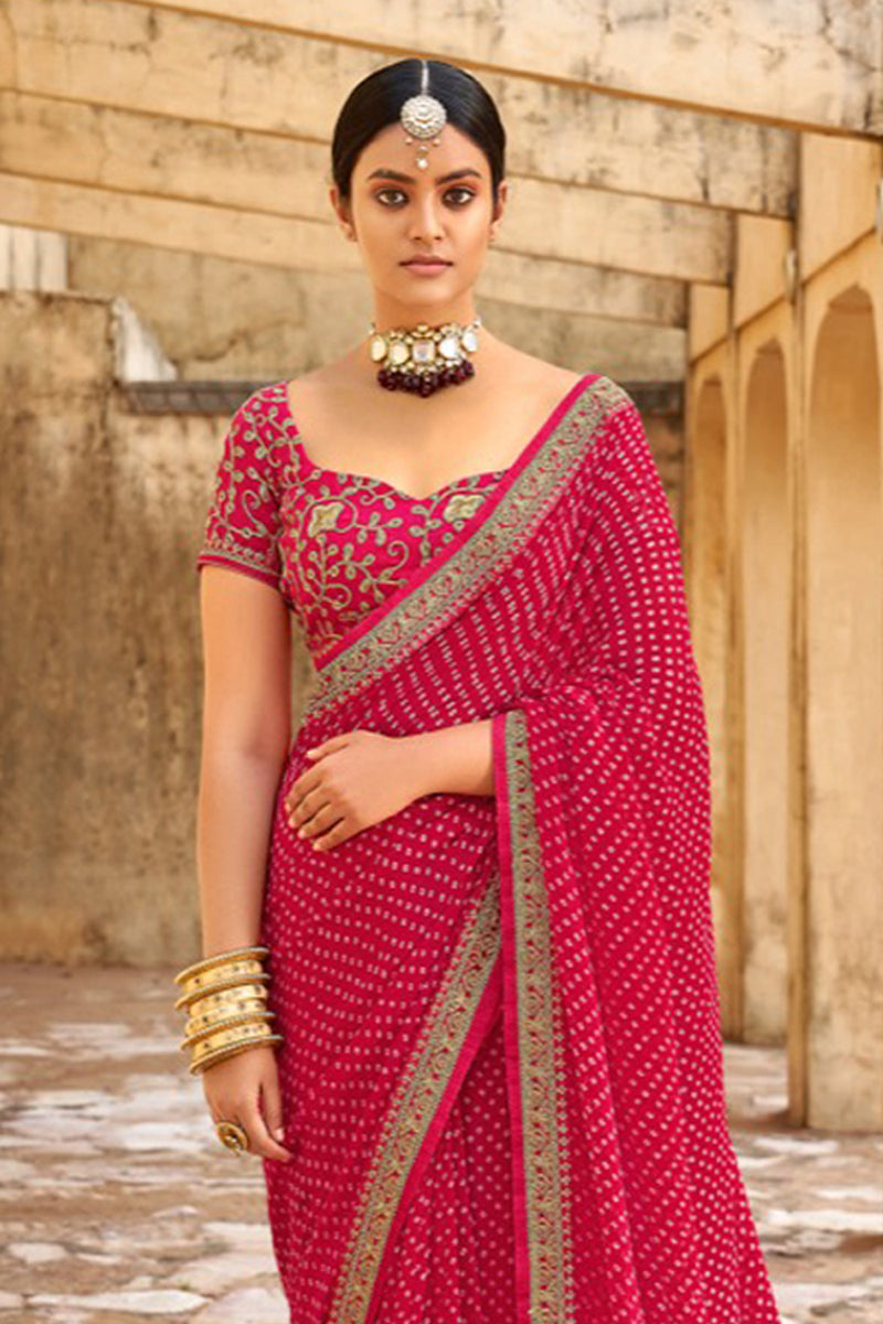 Red Bandhani Design Saree With Embroidery Work Blouse – Bahuji ...