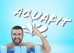 Text: Aquafit Image: Smiling man in pool with swimming gear