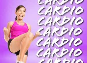 Text: Cardio Image: Woman in bright pink sports top doing a cardio exercise 