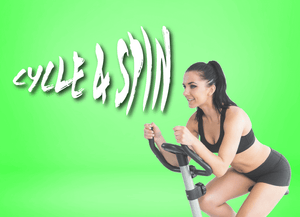 Text: Cycle & Spin Image: Woman in black sports gear cycling on a stationary bike 