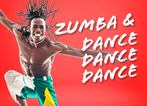 Text: Zumba & Dance Image: Man jumping while dancing 