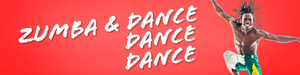 Text: Zumba & Dance Image: Man jumping while dancing 