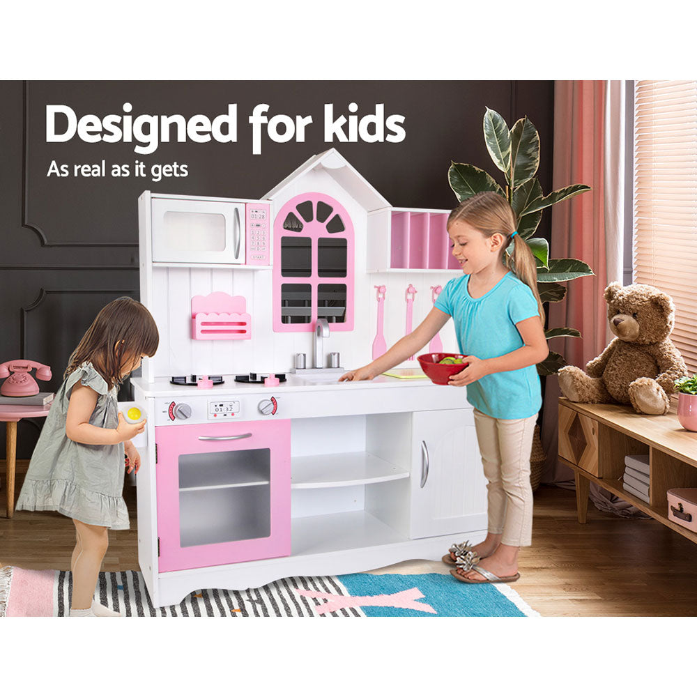 wooden pink and white kitchen set