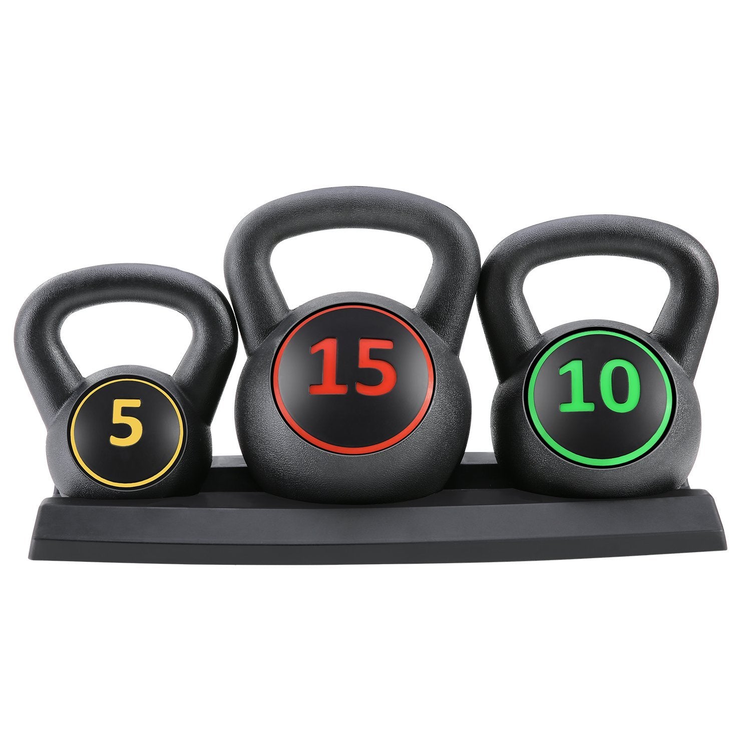 MaxKare Kettlebell Set 3-Piece Wide Handle HDPE Coated 5lb 10lb 15lb Weights Kettlebells with Storage Rack Exercise Fitness for Strength Training Home Gym 