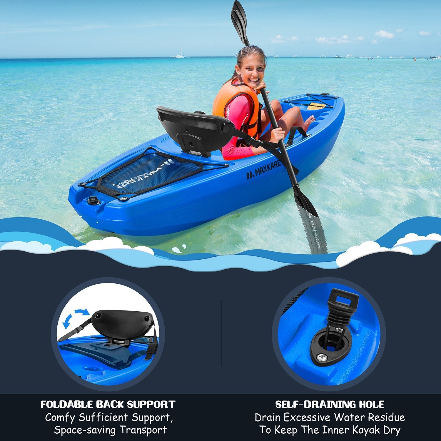 Load image into Gallery viewer, MaxKare Kids Kayak with Paddle & Seat Youth Kayak Sit-On-Top Kayak Foldable 6ft Kayak with Cup Holders Front & Rear Storage Hatches for Ages Years 5 and Up Capacity 121 lbs Blue - NAIPO