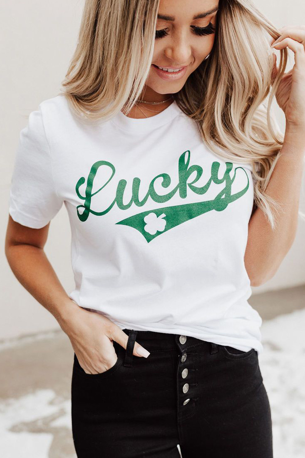 White Letter Print Crew Neck Short Sleeve Lucky Tee