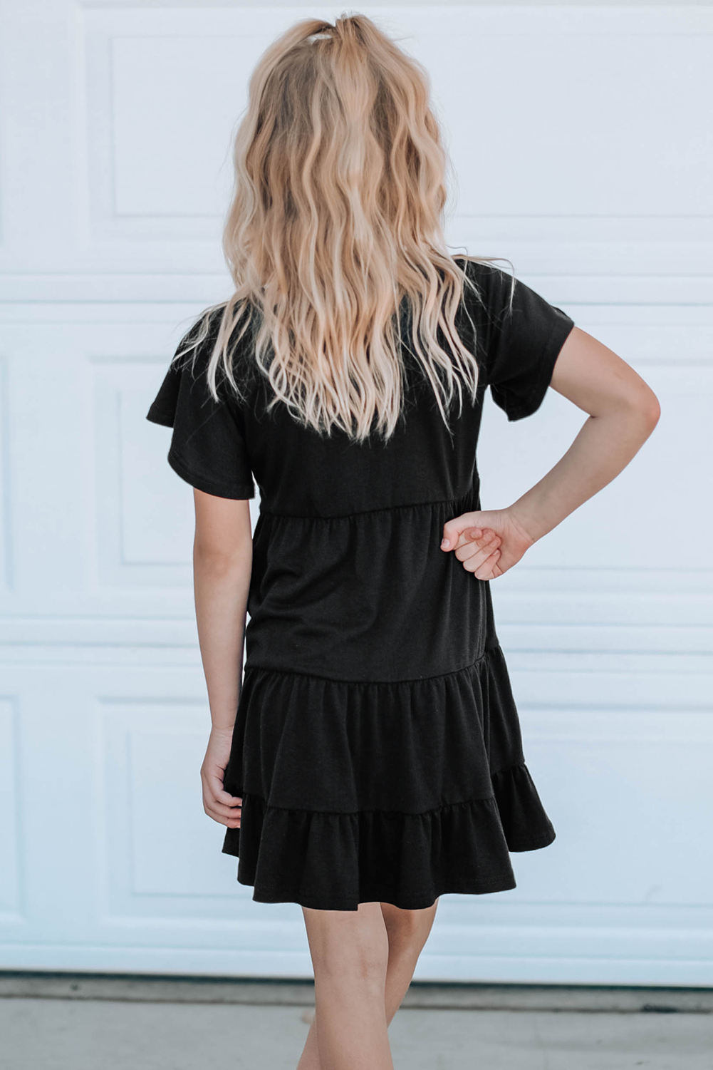 Black Flutter Sleeves Tiered Girls' Dress With Buttons