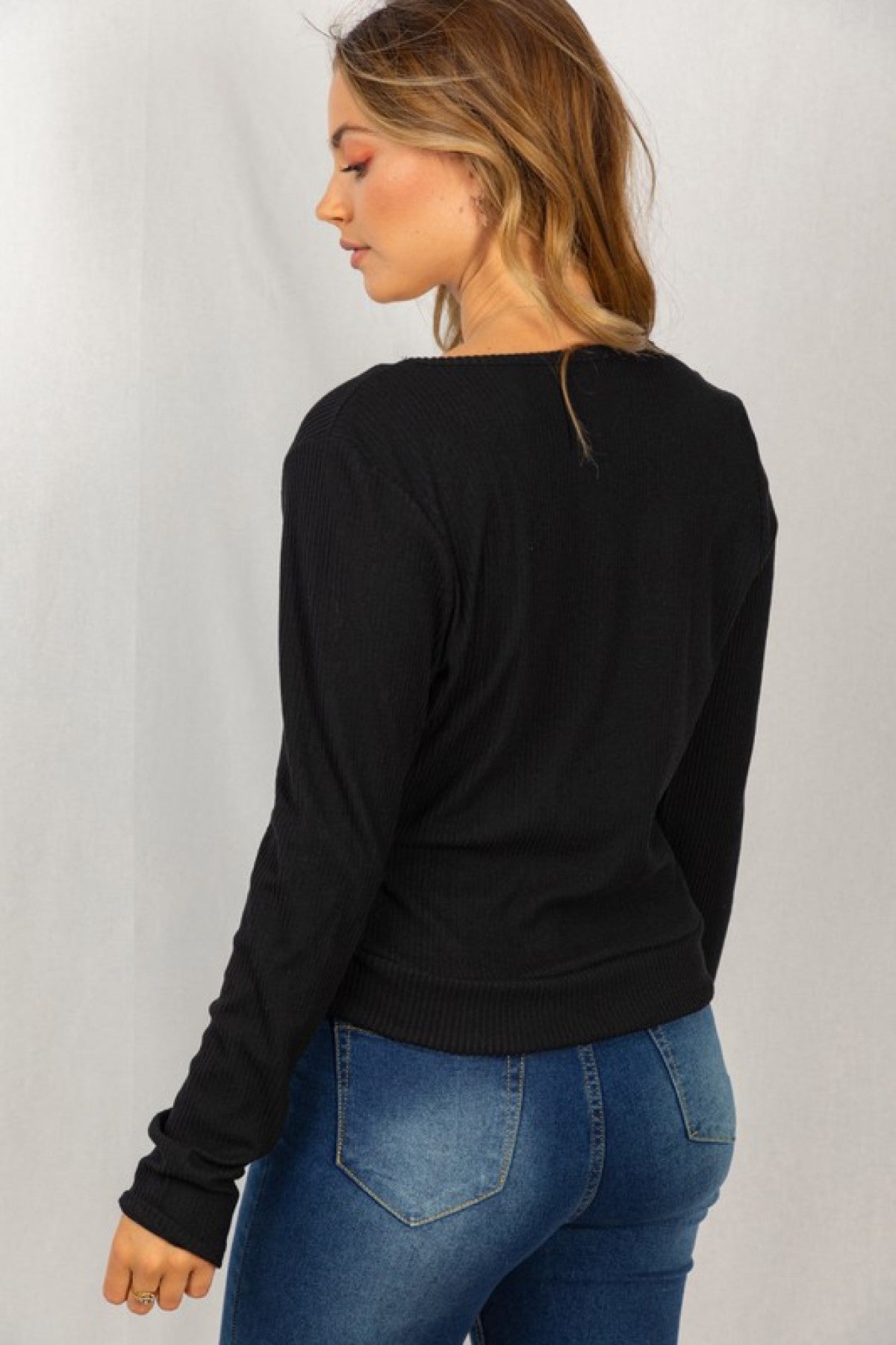 White Birch Surplice Long Sleeve Relaxed Fit Solid Knit Top