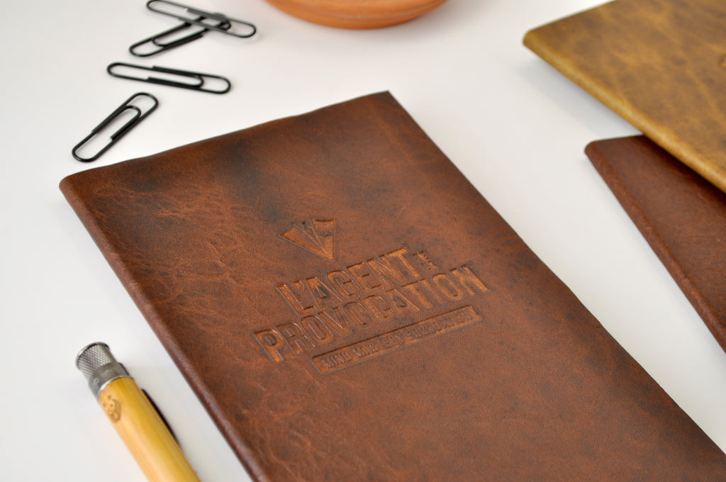 Leather notebooks journals with custom embossed logo imprint
